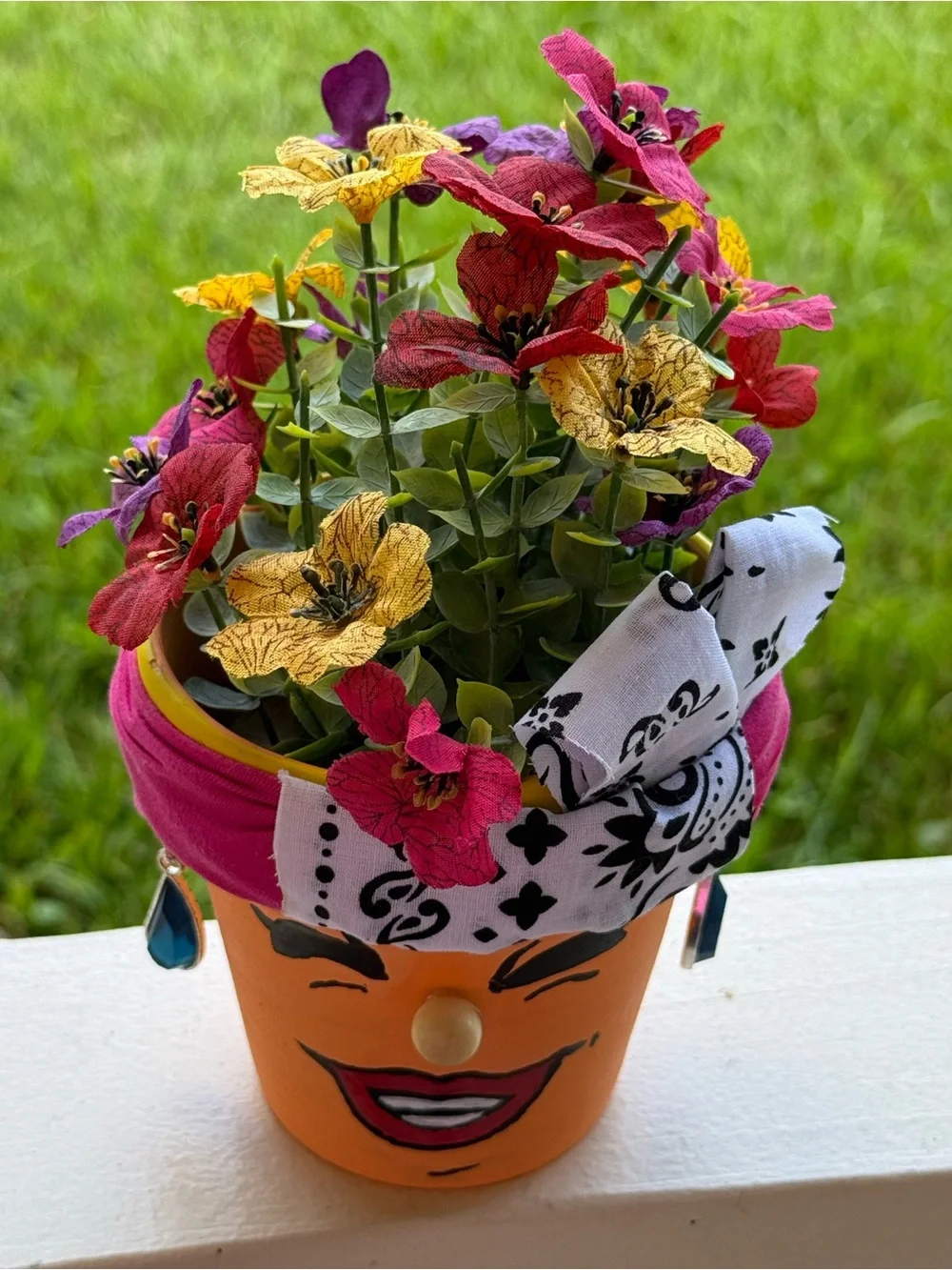 Whimsical Hand-Painted Flower‎ Pot Lady Planter w/Bandana & Earrings